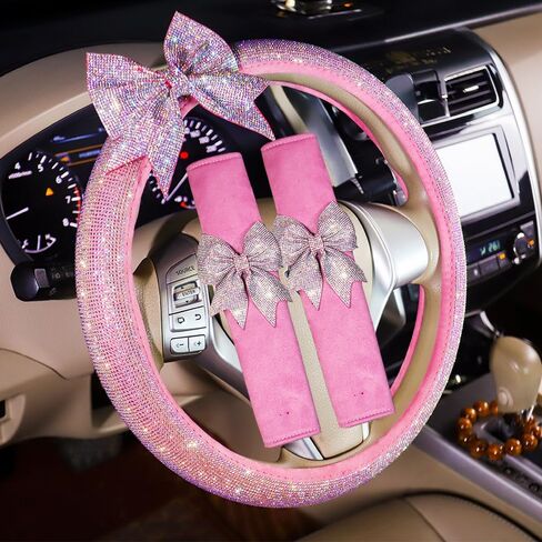 Auto Bling Interior Accessories Pink Car Steering Wheel Cover Soft Seat Belt Cover Crystal Bowknot Seatbelt Shoulder Pad Comfortable Gift for Girls Women Gift 3 Pack in Saudi Arabia