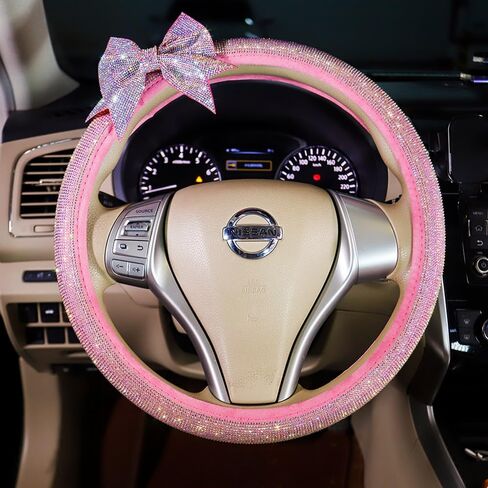 Auto Bling Interior Accessories Pink Car Steering Wheel Cover Soft Seat Belt Cover Crystal Bowknot Seatbelt Shoulder Pad Comfortable Gift for Girls Women Gift 3 Pack in Saudi Arabia