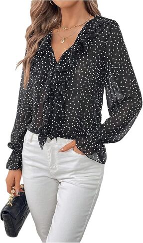 WDIRARA Women's Polka Dots Ruffle Trim V Neck Blouse Long Flounce Sleeve Top Shirt in Saudi Arabia