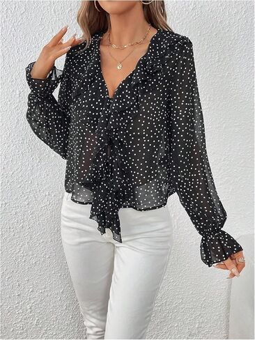 WDIRARA Women's Polka Dots Ruffle Trim V Neck Blouse Long Flounce Sleeve Top Shirt in Saudi Arabia