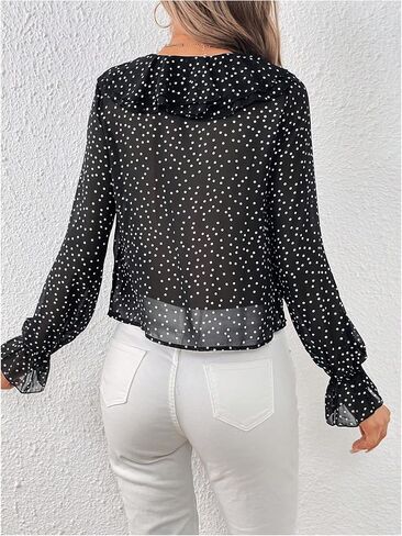 WDIRARA Women's Polka Dots Ruffle Trim V Neck Blouse Long Flounce Sleeve Top Shirt in Saudi Arabia