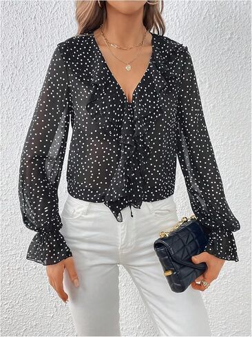 WDIRARA Women's Polka Dots Ruffle Trim V Neck Blouse Long Flounce Sleeve Top Shirt in Saudi Arabia