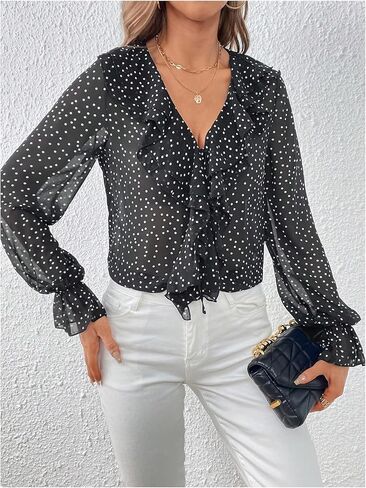 WDIRARA Women's Polka Dots Ruffle Trim V Neck Blouse Long Flounce Sleeve Top Shirt in Saudi Arabia