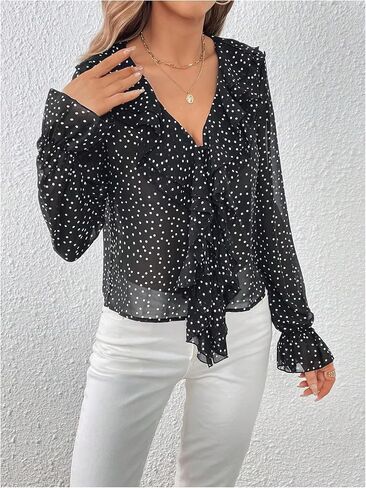 WDIRARA Women's Polka Dots Ruffle Trim V Neck Blouse Long Flounce Sleeve Top Shirt in Saudi Arabia
