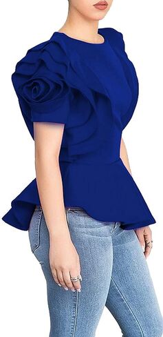 قمصان بلانسدي النسائية العلوية الأنيقة بيبلوم ورقبة دائرية مكشكشة وأكمام قصيرة أنيقة وبلوزة بيبلوم in Kuwait