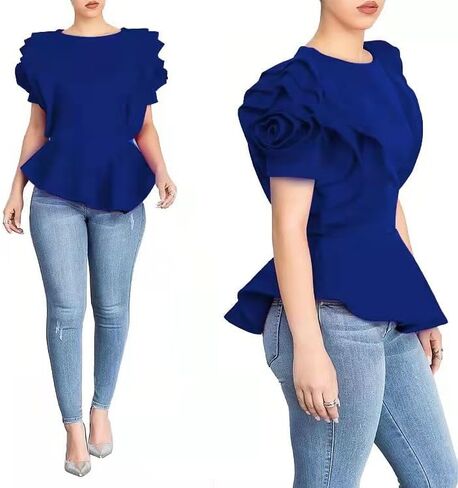 قمصان بلانسدي النسائية العلوية الأنيقة بيبلوم ورقبة دائرية مكشكشة وأكمام قصيرة أنيقة وبلوزة بيبلوم in Kuwait