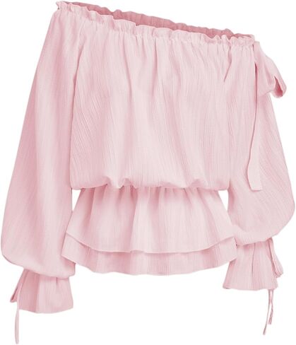 CIDER Women Asymmetrical Neck One Sholud Lantern Long Sleeve Knotted Ruffle Hem Casual Blouse in Saudi Arabia
