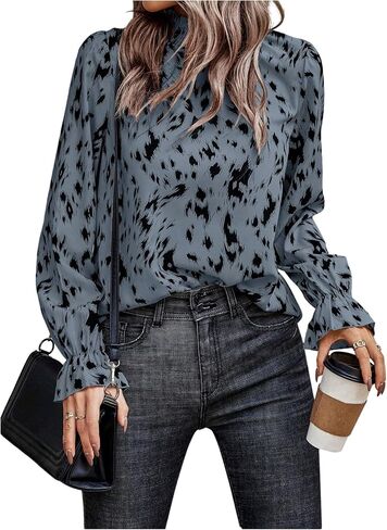 SweatyRocks Women's Leopard Print Shirts Ruffled Long Sleeve Blouse Dressy Casual Smocked Mock Neck Tops in Saudi Arabia