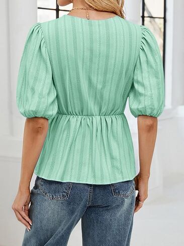 FARORO Women's Summer Dressy Casual Tops Short Puff Sleeve Babydoll Peplum Blouse Bow Tie Front Hollow Out Lace Shirts in Saudi Arabia