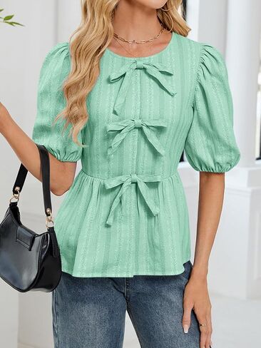 FARORO Women's Summer Dressy Casual Tops Short Puff Sleeve Babydoll Peplum Blouse Bow Tie Front Hollow Out Lace Shirts in Saudi Arabia