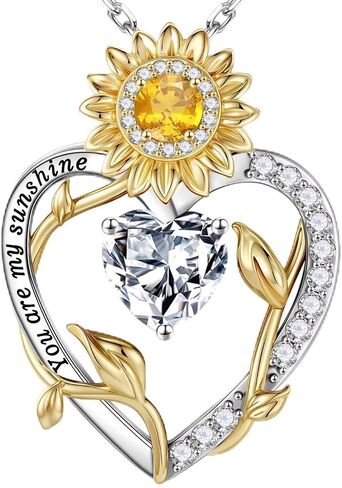 Iefil Sunflower Gifts for Women - S925 Sterling Silver Sunflower Heart Pendant Birthstone Necklace for Women, Anniversary Birthday Gifts for Wife, You Are My Sunshine Necklaces, Jewelry for Wife Mom in Saudi Arabia