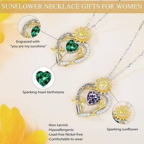 Iefil Sunflower Gifts for Women - S925 Sterling Silver Sunflower Heart Pendant Birthstone Necklace for Women, Anniversary Birthday Gifts for Wife, You Are My Sunshine Necklaces, Jewelry for Wife Mom in Saudi Arabia