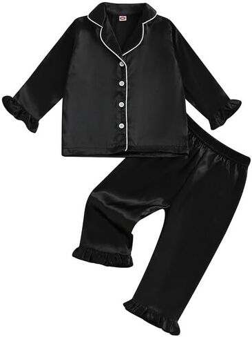 Multitrust Baby Girls Boys Silk Pajamas Set Solid Long Sleeve Button Down Shirts Tops and Pants Infant Satin Pj Lounge Sets in Kuwait