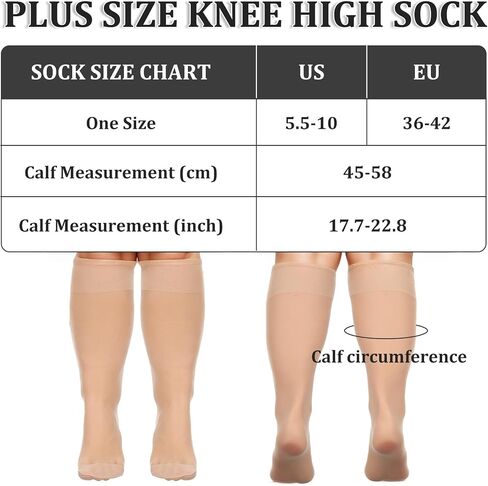 6 Pairs Plus Size Knee High Stockings for Women, 15D Skin Color Nylon Stocks with Wide Calf Stretchy Silky Soft in Saudi Arabia