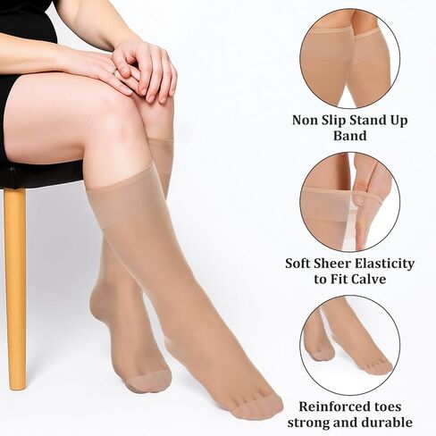 6 Pairs Plus Size Knee High Stockings for Women, 15D Skin Color Nylon Stocks with Wide Calf Stretchy Silky Soft in Saudi Arabia