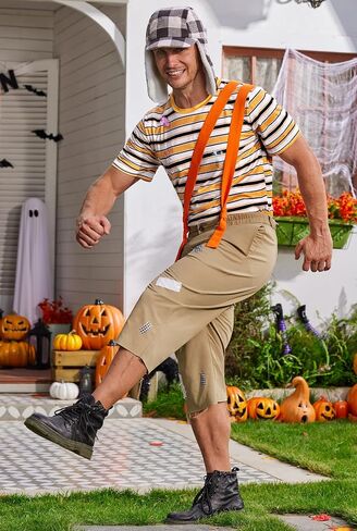 Arvilhill 4 Pcs Men's Classic Comedy Costume Striped T-Shirt Shorts Suspender Hat Halloween Funny Outfits (S-XXL) in Saudi Arabia