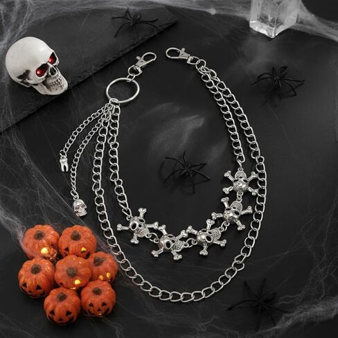 Gothic Skull Wallet Chain for Men Women – Heavy Alloy Double Layer Pants Chain with Spider, Cross & Skull Charms, Punk Biker Streetwear Accessory in Saudi Arabia