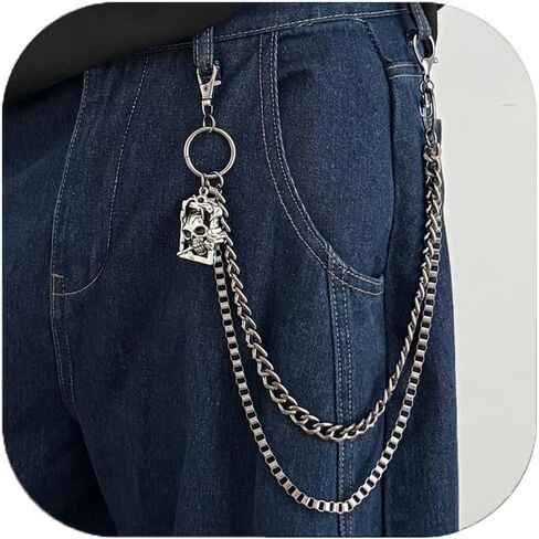 Gothic Skull Wallet Chain for Men Women – Heavy Alloy Double Layer Pants Chain with Spider, Cross & Skull Charms, Punk Biker Streetwear Accessory in Kuwait