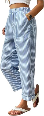 Women's Straight Leg Striped Pants Elastic Waist Vacation Cropped Trousers with Pockets in Kuwait