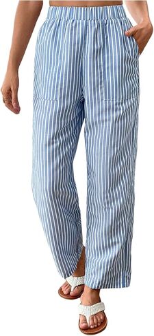 Women's Straight Leg Striped Pants Elastic Waist Vacation Cropped Trousers with Pockets in Kuwait