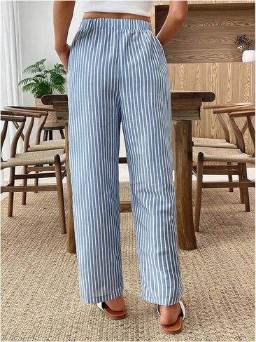 Women's Straight Leg Striped Pants Elastic Waist Vacation Cropped Trousers with Pockets in Kuwait