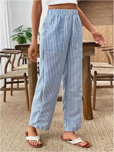 Women's Straight Leg Striped Pants Elastic Waist Vacation Cropped Trousers with Pockets in Kuwait