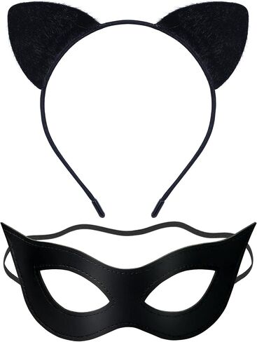 Cat Woman Mask and Cat Ears Headband for Women, Cat Women Costume Accessories Black Cat Eye Superhero Mask for Halloween Masquerade PU Leather in Saudi Arabia