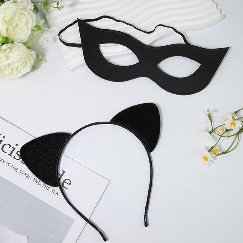 Cat Woman Mask and Cat Ears Headband for Women, Cat Women Costume Accessories Black Cat Eye Superhero Mask for Halloween Masquerade PU Leather in Saudi Arabia