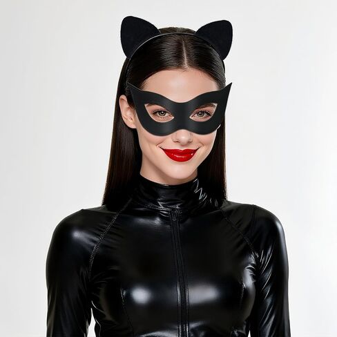 Cat Woman Mask and Cat Ears Headband for Women, Cat Women Costume Accessories Black Cat Eye Superhero Mask for Halloween Masquerade PU Leather in Saudi Arabia