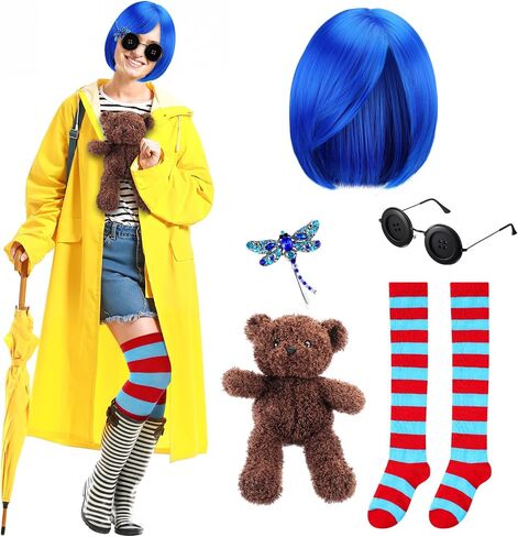 Mepase 5 Pcs Women Cosplay Wig Blue Short Straight Hair Wig Red Blue Stocking Bear Doll Button Glasses Halloween Costume Accessory for Women Adults Halloween Cosplay Party Costume Party Cosplay Wig in Saudi Arabia