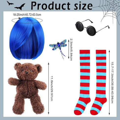 Mepase 5 Pcs Women Cosplay Wig Blue Short Straight Hair Wig Red Blue Stocking Bear Doll Button Glasses Halloween Costume Accessory for Women Adults Halloween Cosplay Party Costume Party Cosplay Wig in Saudi Arabia