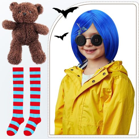 Mepase 5 Pcs Women Cosplay Wig Blue Short Straight Hair Wig Red Blue Stocking Bear Doll Button Glasses Halloween Costume Accessory for Women Adults Halloween Cosplay Party Costume Party Cosplay Wig in Saudi Arabia