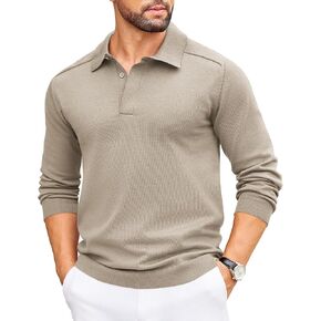 COOFANDY Mens Knit Polo Sweater Long Sleeve Collared Polo Hidden Button Casual Pullover Sweaters in Kuwait