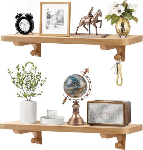 Wooden Floating Shelves for Wall, 22.6" W x 6" D x 0.8" H Large Wall Shelves, Hanging Storage Shelf with Hooks for Living Room, Kitchen, Bathroom, Bedroom Decor, Natural, 2 Packs in Saudi Arabia