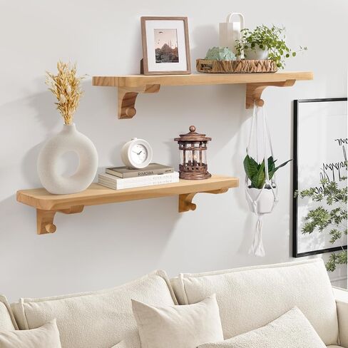 Wooden Floating Shelves for Wall, 22.6" W x 6" D x 0.8" H Large Wall Shelves, Hanging Storage Shelf with Hooks for Living Room, Kitchen, Bathroom, Bedroom Decor, Natural, 2 Packs in Saudi Arabia