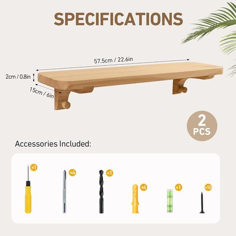 Wooden Floating Shelves for Wall, 22.6" W x 6" D x 0.8" H Large Wall Shelves, Hanging Storage Shelf with Hooks for Living Room, Kitchen, Bathroom, Bedroom Decor, Natural, 2 Packs in Saudi Arabia