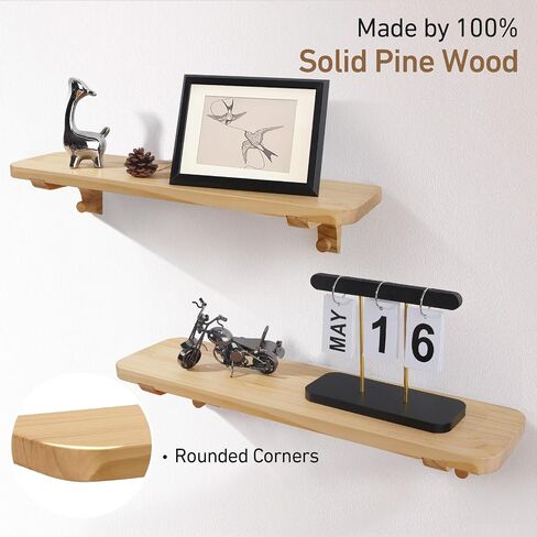 Wooden Floating Shelves for Wall, 22.6" W x 6" D x 0.8" H Large Wall Shelves, Hanging Storage Shelf with Hooks for Living Room, Kitchen, Bathroom, Bedroom Decor, Natural, 2 Packs in Saudi Arabia