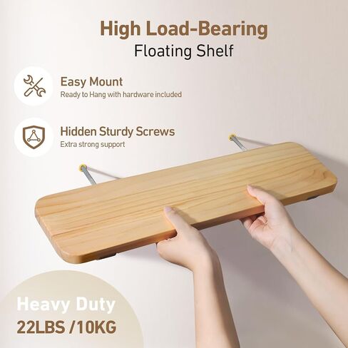 Wooden Floating Shelves for Wall, 22.6" W x 6" D x 0.8" H Large Wall Shelves, Hanging Storage Shelf with Hooks for Living Room, Kitchen, Bathroom, Bedroom Decor, Natural, 2 Packs in Saudi Arabia