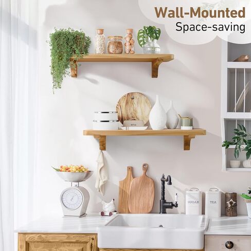 Wooden Floating Shelves for Wall, 22.6" W x 6" D x 0.8" H Large Wall Shelves, Hanging Storage Shelf with Hooks for Living Room, Kitchen, Bathroom, Bedroom Decor, Natural, 2 Packs in Saudi Arabia