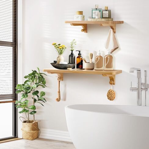 Wooden Floating Shelves for Wall, 22.6" W x 6" D x 0.8" H Large Wall Shelves, Hanging Storage Shelf with Hooks for Living Room, Kitchen, Bathroom, Bedroom Decor, Natural, 2 Packs in Saudi Arabia