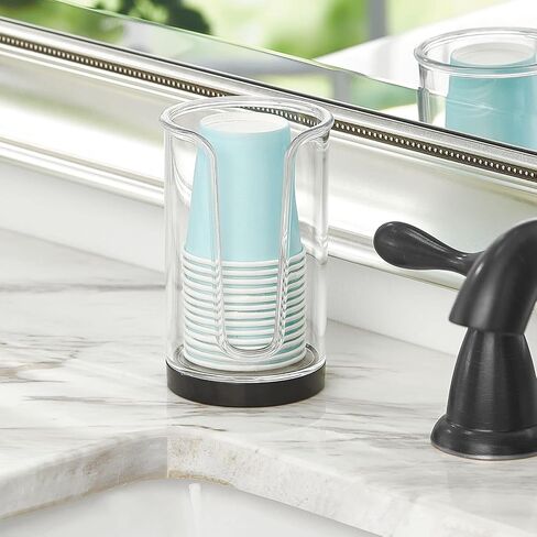 mDesign Plastic Small Compact Disposable Paper Cup Dispenser, Mouthwash Rinsing Cups Storage Holder for Bathroom Vanity Countertops, Makeup Table, Powder Room, Lumiere Collection, Clear/Brushed Chrome in Saudi Arabia