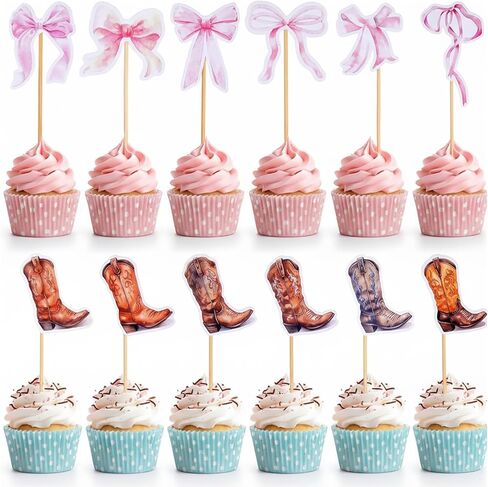 36 جهاز كمبيوتر شخصي أحذية أو أقواس الجنس تكشف عن قبعات كب كيك رعاة البقر أو رعاة البقر بين الجنسين تكشف عن زخارف ألوان مائية للاستحمام الطفل إمدادات عيد ميلاد البني والوردي in Kuwait