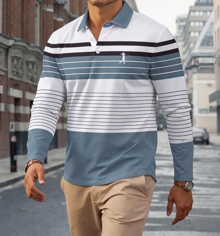 Stripe Printed Polo Shirts for Men - Regular Fit, Breathable Fabric, Easy Match for Fall, S-2XL in Saudi Arabia