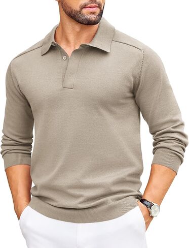 COOFANDY Mens Knit Polo Sweater Long Sleeve Collared Polo Hidden Button Casual Pullover Sweaters in Kuwait
