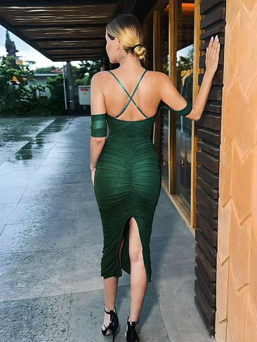 Women's Off The Shoulder Spaghetti Straps Ruched Mesh Elegant Formal Evening Midi Dress with Built-in Bra and Slit in Saudi Arabia