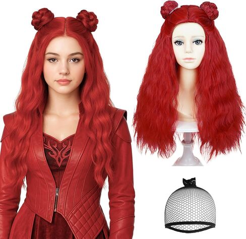 Probeauty Long Red Curly Wig for Girls Kids, Princess Red Movie Costume Wig with Buns for Halloween Cosplay Party in Kuwait