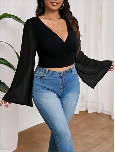 MakeMeChic Women's Plus Size Crop Top Bell Sleeve Tops V Neck Wrap Blouse Party T Shirts in Saudi Arabia