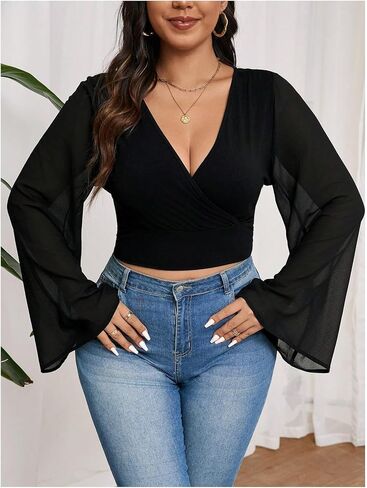 MakeMeChic Women's Plus Size Crop Top Bell Sleeve Tops V Neck Wrap Blouse Party T Shirts in Saudi Arabia