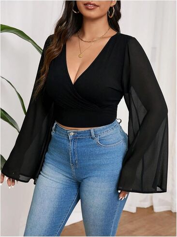 MakeMeChic Women's Plus Size Crop Top Bell Sleeve Tops V Neck Wrap Blouse Party T Shirts in Saudi Arabia