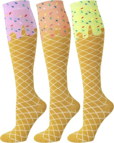 3 Pairs Ice Cream Knee High Socks for Women Girl Funny Novelty Ice Cream Gift Christmas Stocking Holiday Party Favor in Saudi Arabia